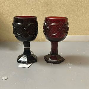 Vintage AVON 1876 Cape Cod Ruby Red Garnet Colored Footed GOBLET Wine Water Set
